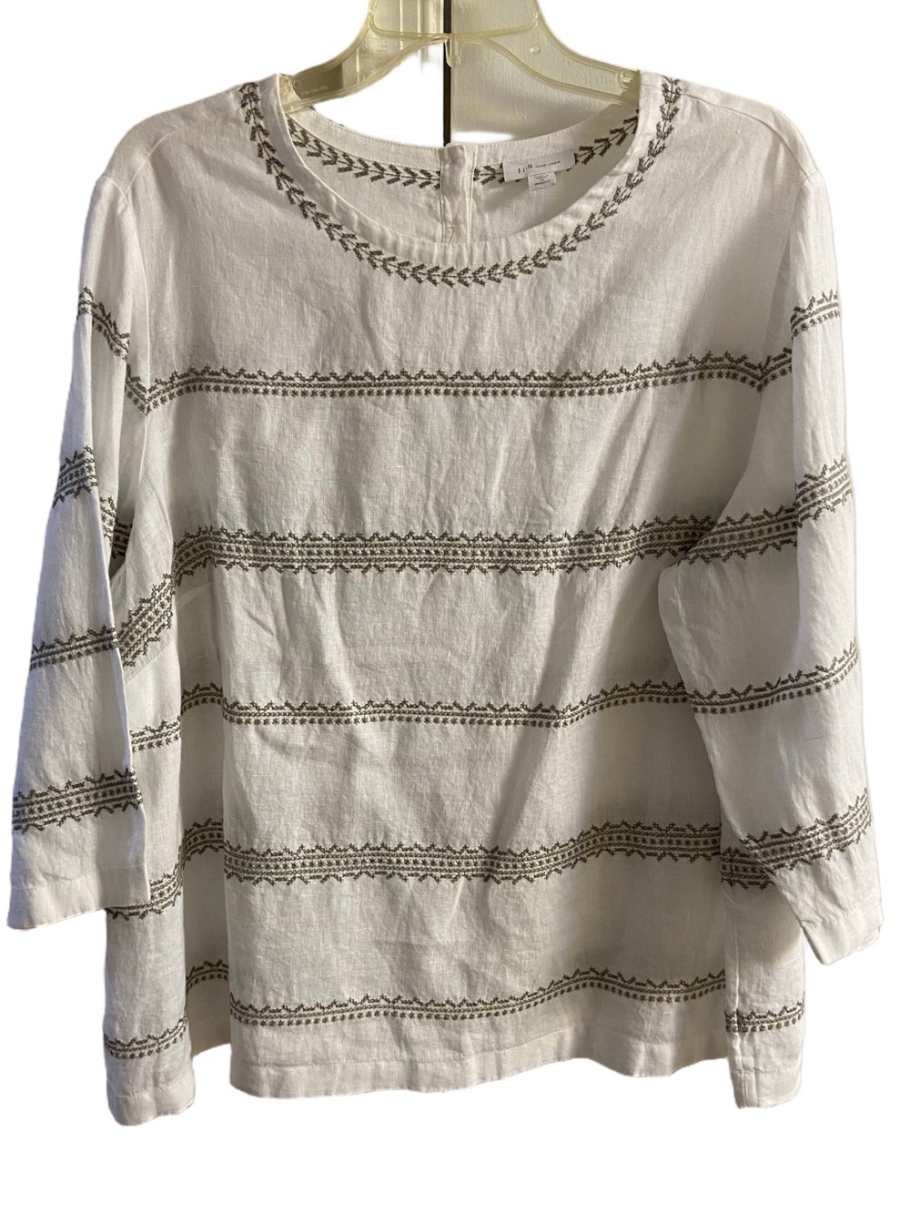 J.Jill Love Linen Embroidered Striped Linen Blouse Top 3/4 Sleeve Crewneck